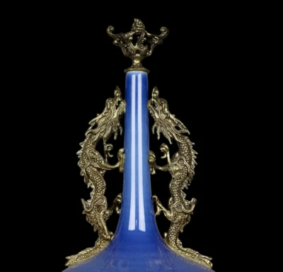 50CM Kangxi Signed Old Chinese Sky Blue Glaze Vase w/dragon N3986