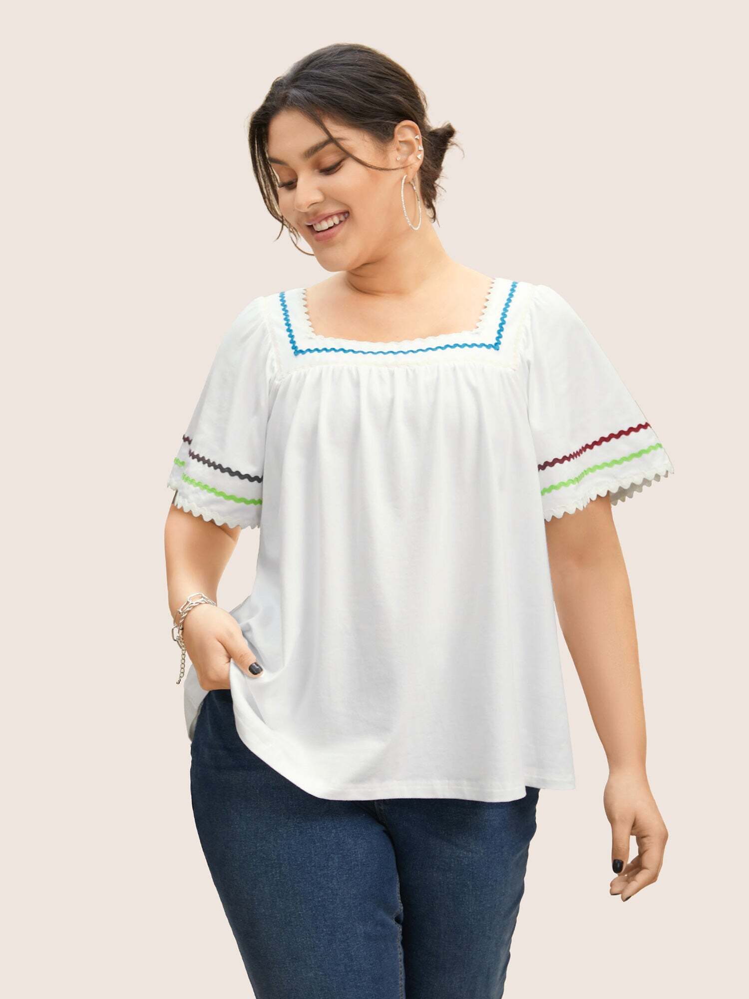Square Neck Woven Ribbon Contrast Ruffle Sleeve T-shirt