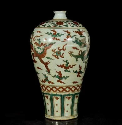 35CM Old Chinese Green Red Glaze Vase W/dragon N3123