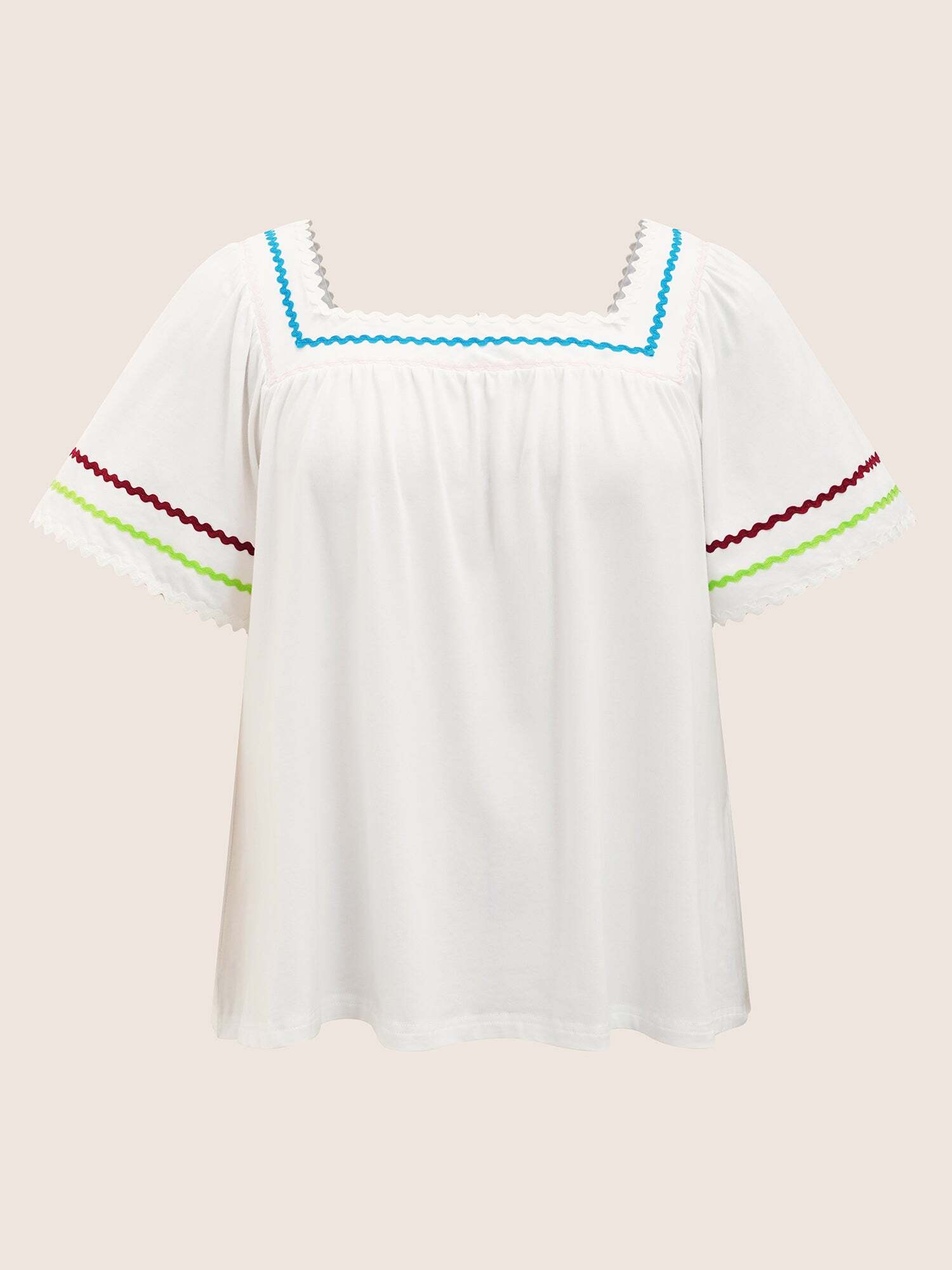 Square Neck Woven Ribbon Contrast Ruffle Sleeve T-shirt