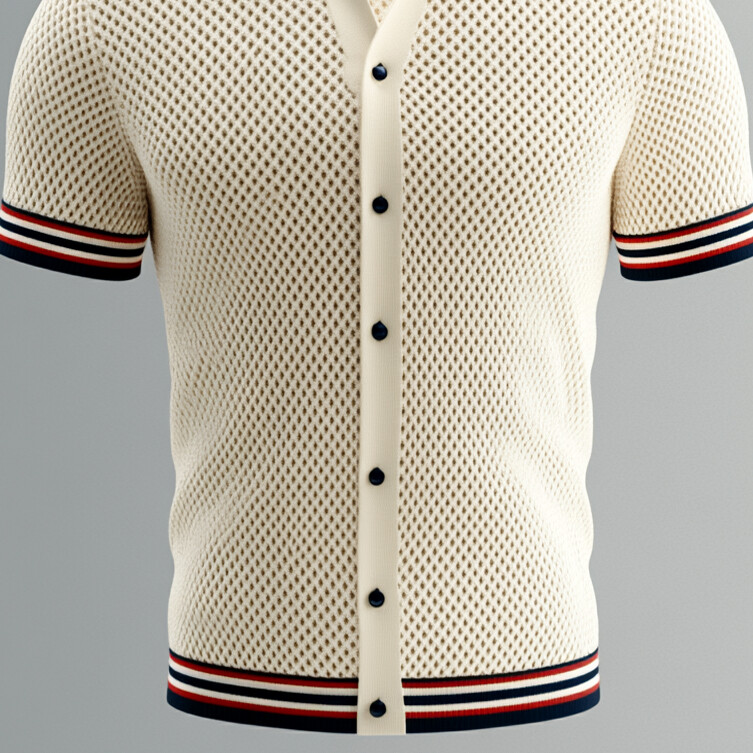 Men's Hollow Out Knit Contrast Striped Button Short Sleeve Shirt