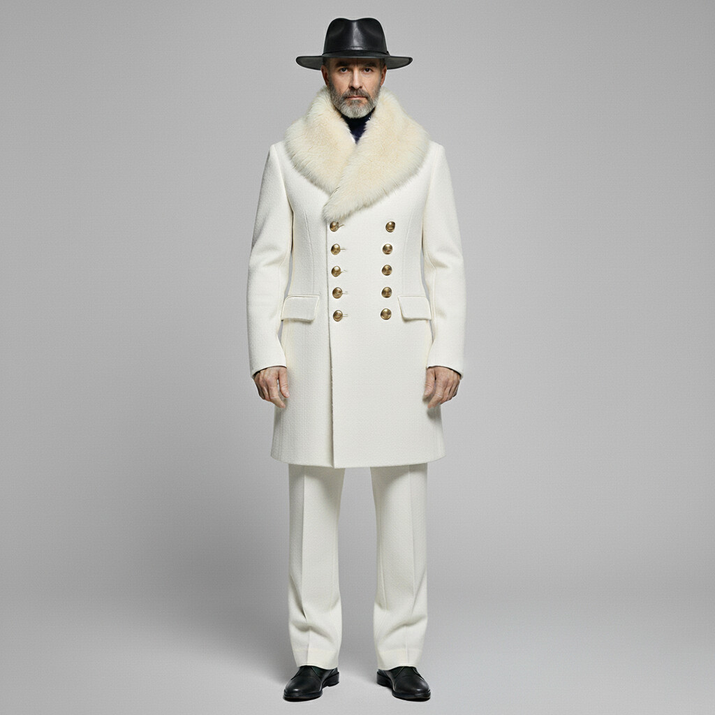 Men's White Furry Collar Double Breasted Shawl Lapel Long Sleeve Trench Coats