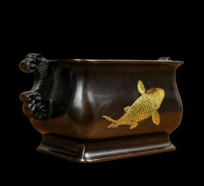 Baoyong Signed Old Chinese Red Copper Handmade Incense Burner w/fish N3852
