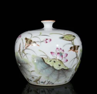 Pair Yu Hanqing Signed Old Chinese Famille Rose Lid Pot W/louts flower N3433