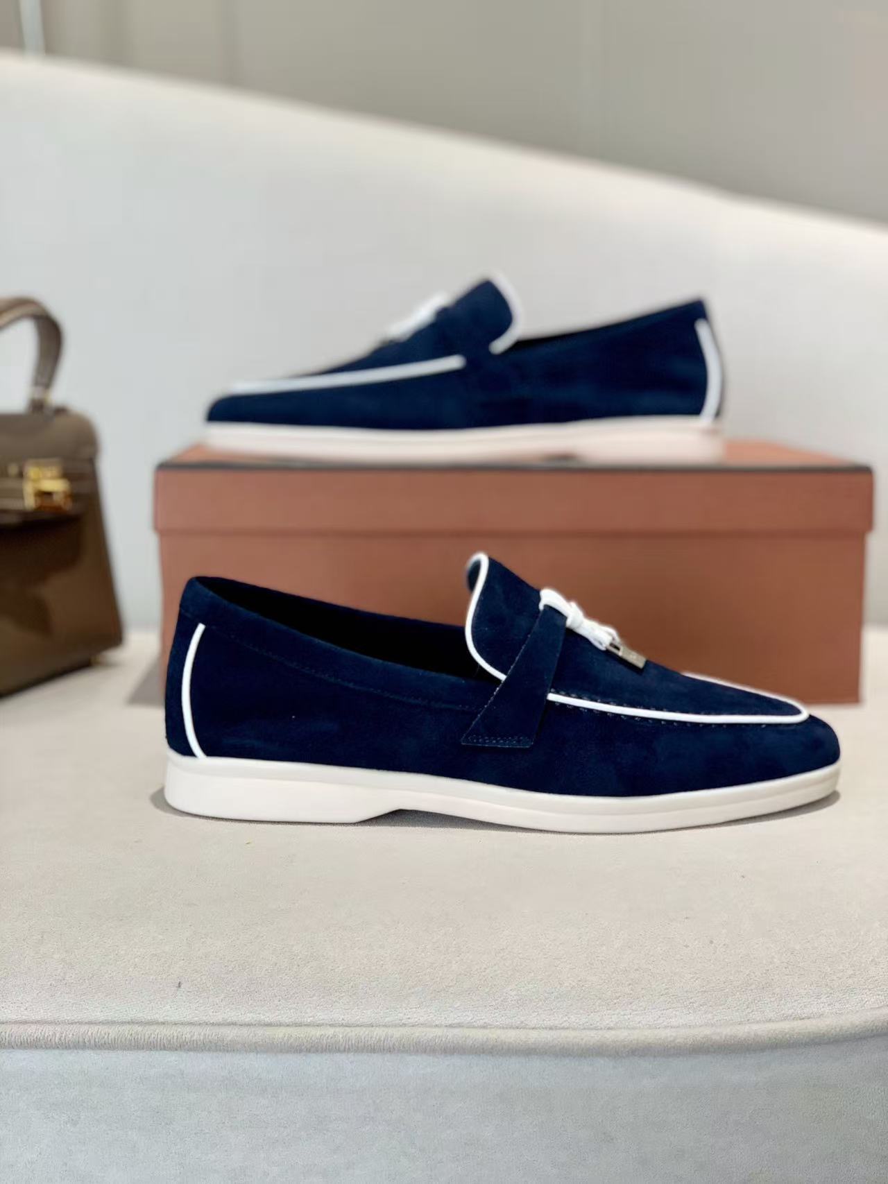 Navy Suede Loafers for Women and Men, White Trim Tassel Slip-On Casual Luxury Shoes