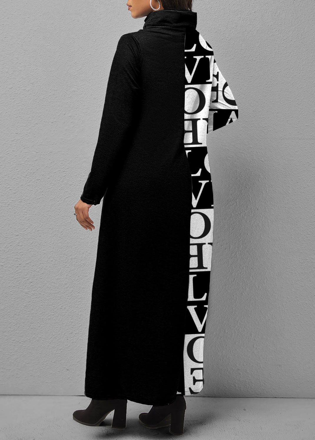 Letter Print Turtleneck Dip Hem Dress