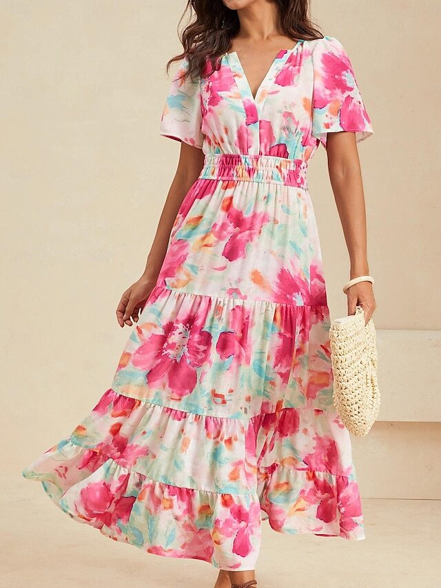 Women's Tiered Dress Tie Dye Elastic Waist V Neck Maxi Dress Stylish Vacation Short Sleeve Summer
