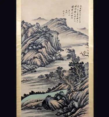 Chou Ying Signed Chinese Hand Painted Calligraphy Scroll w/ landscape N2722