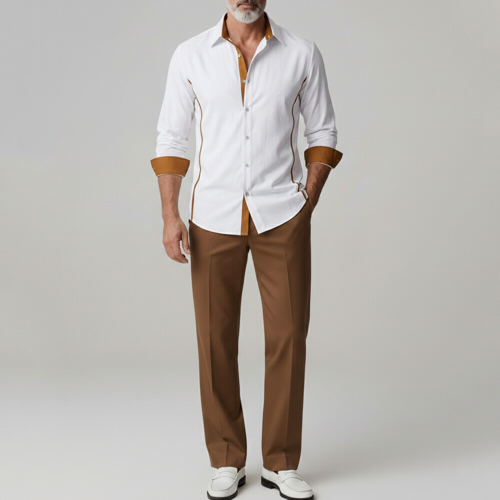 Men's Shirt Collar Single Breasted Contrast Trimmed Cuffs Placket Long Sleeve Shirts