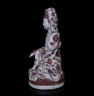 29CM Xuande Signed Old Chinese Underglaze Red Statue W/ Guanyin Buddha N381