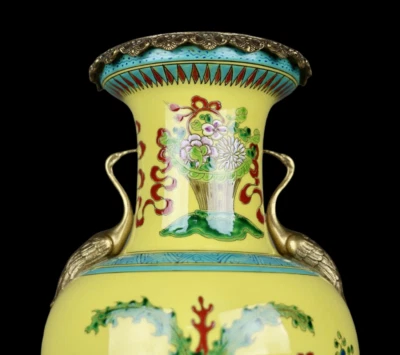 46CM Kangxi Signed Old Chinese Red Green Color Vase w/flower N4016