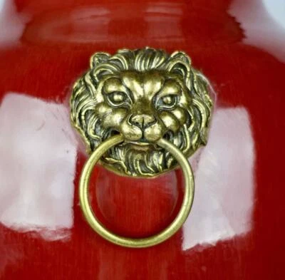 62CM Qianlong Signed Old Chinese Langhong Red Glaze Vase w/lion N3978