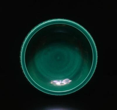 Qianlong Signed Antique Chinese Green Glaze Porcelain Brush Washer w/ bamboo