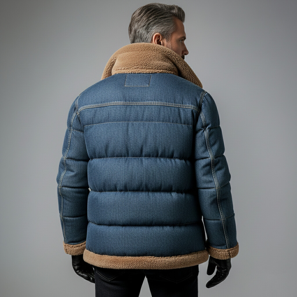 Men's Blue Shearling-Lined Turndown Collar Long Sleeve Utility Pockets Zipper Denim Puffer Jackets