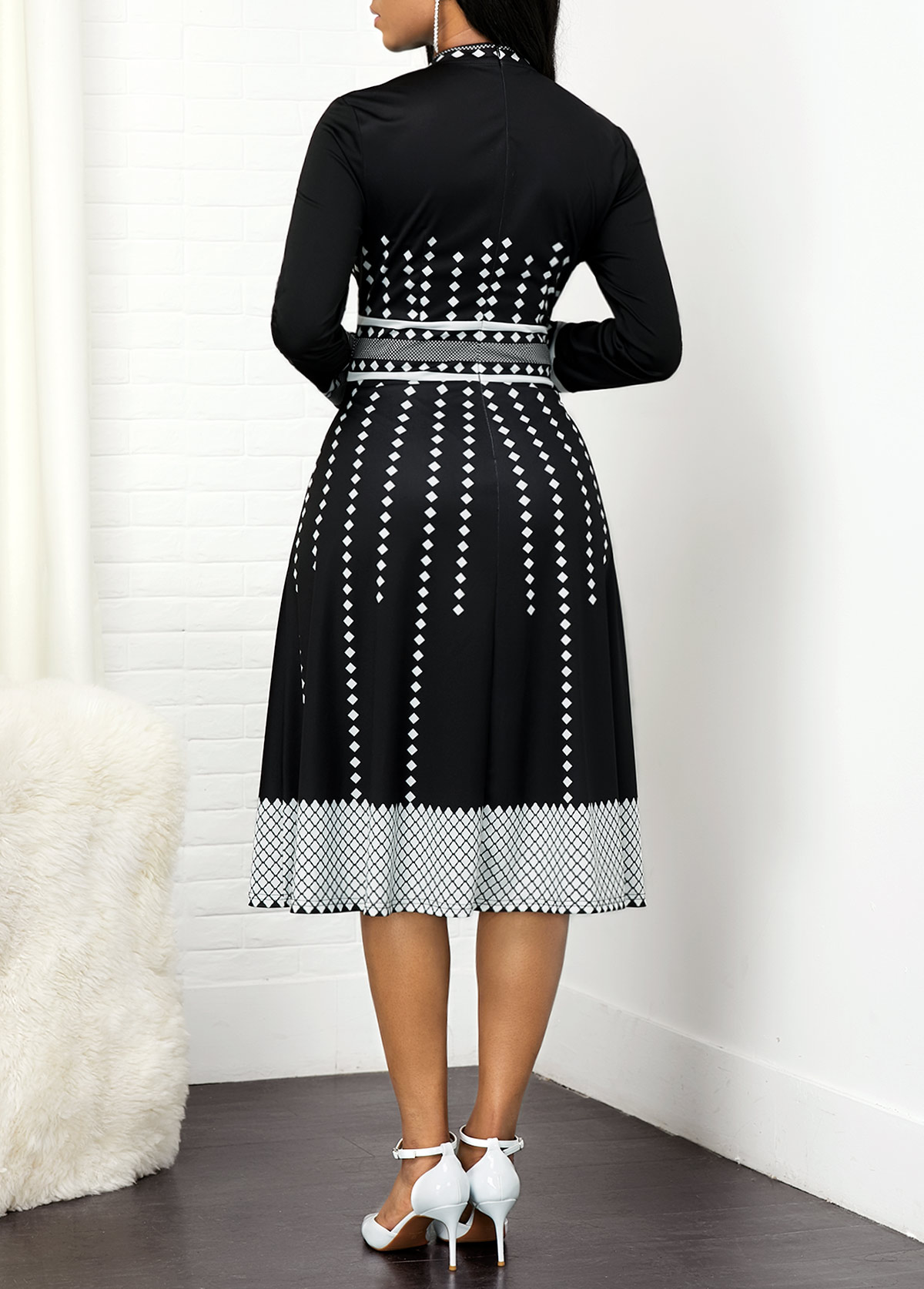 Mock Neck Geometric Print Long Sleeve Dress