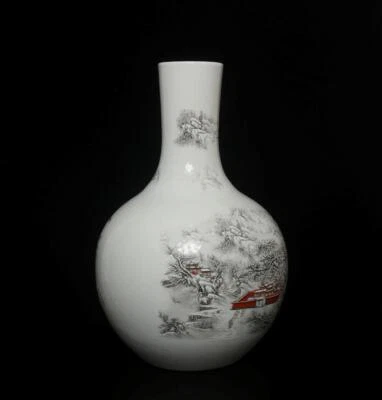 41CM Qianlong Signed Antique Chinese Ink Color Vase W/ landscape