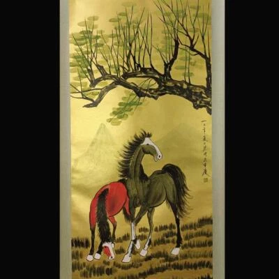 Xu Beihong Signed Chinese Hand Painted Calligraphy Scroll w/horse N1781