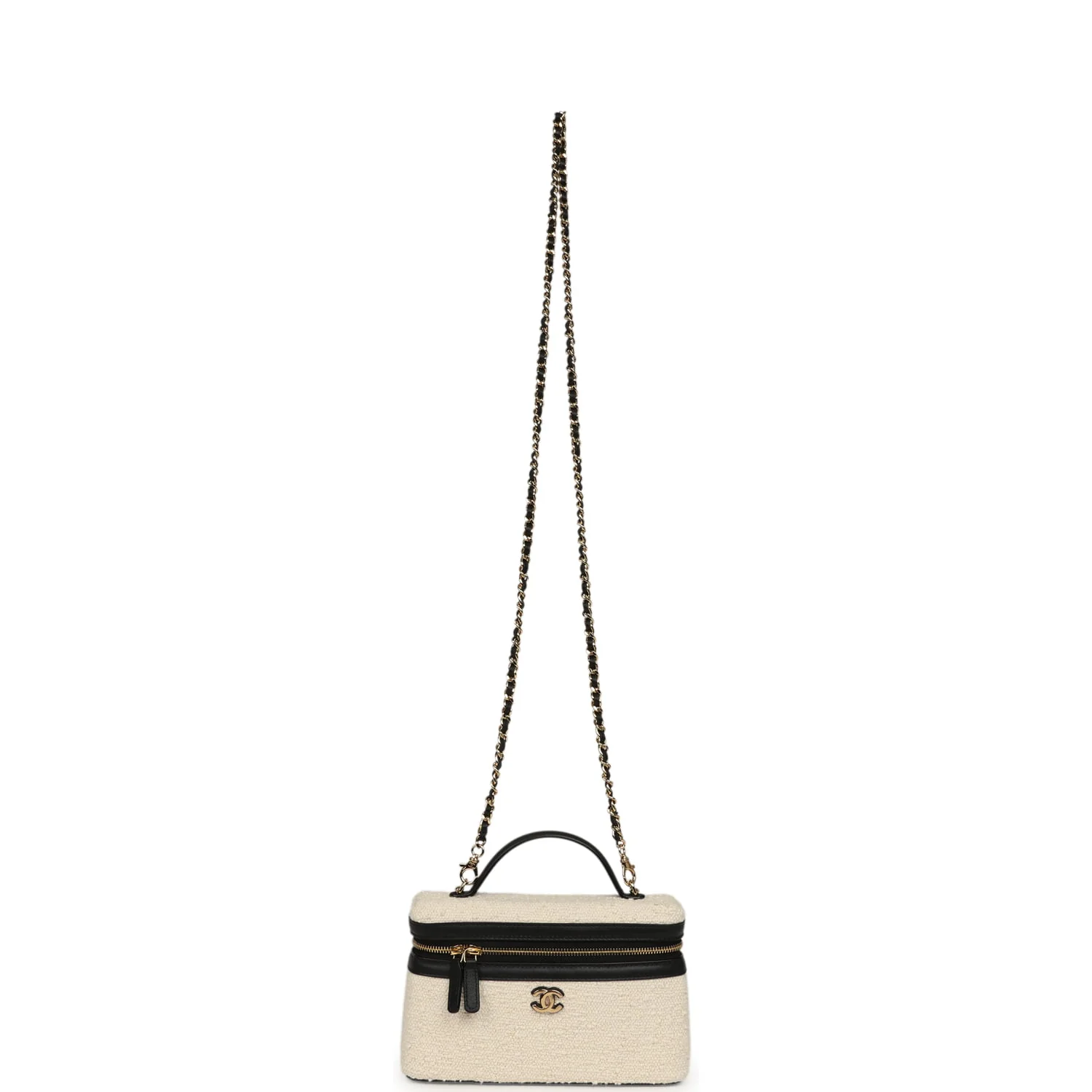 Chanel Coco Beach Top Handle Long Vanity Case with Chain Ecru Tweed and Black Calfskin Gold Hardware
