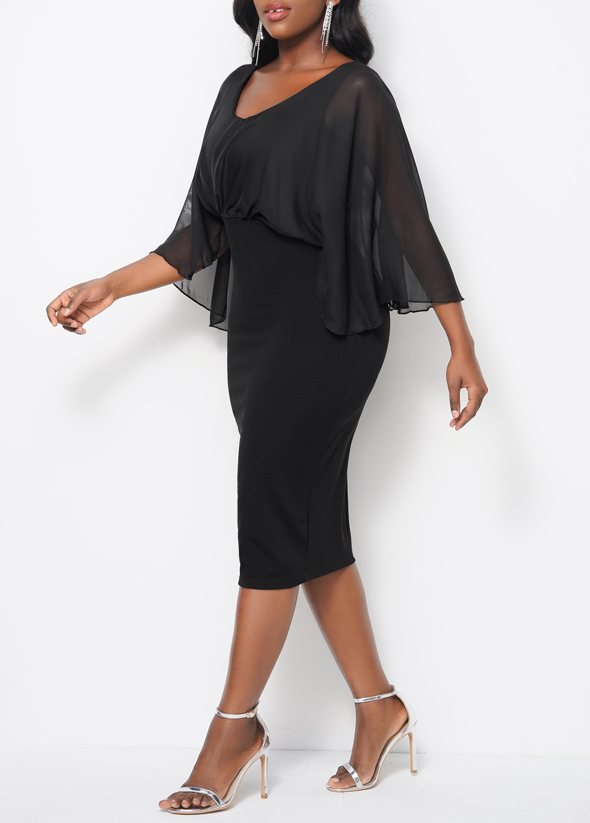 Cape Sleeve Black V Neck Dress