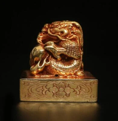 Signed Old Chinese Bronze or Copper Gilding Seal Stamp w/ kylin