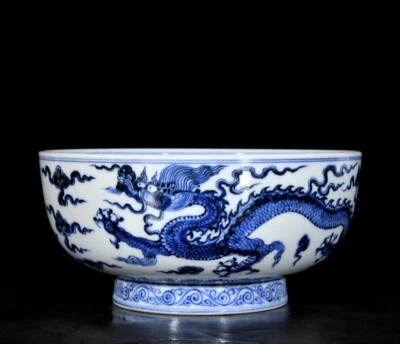 Xuande Signed Old Chinese Blue and White Bowl W/dragon N3475