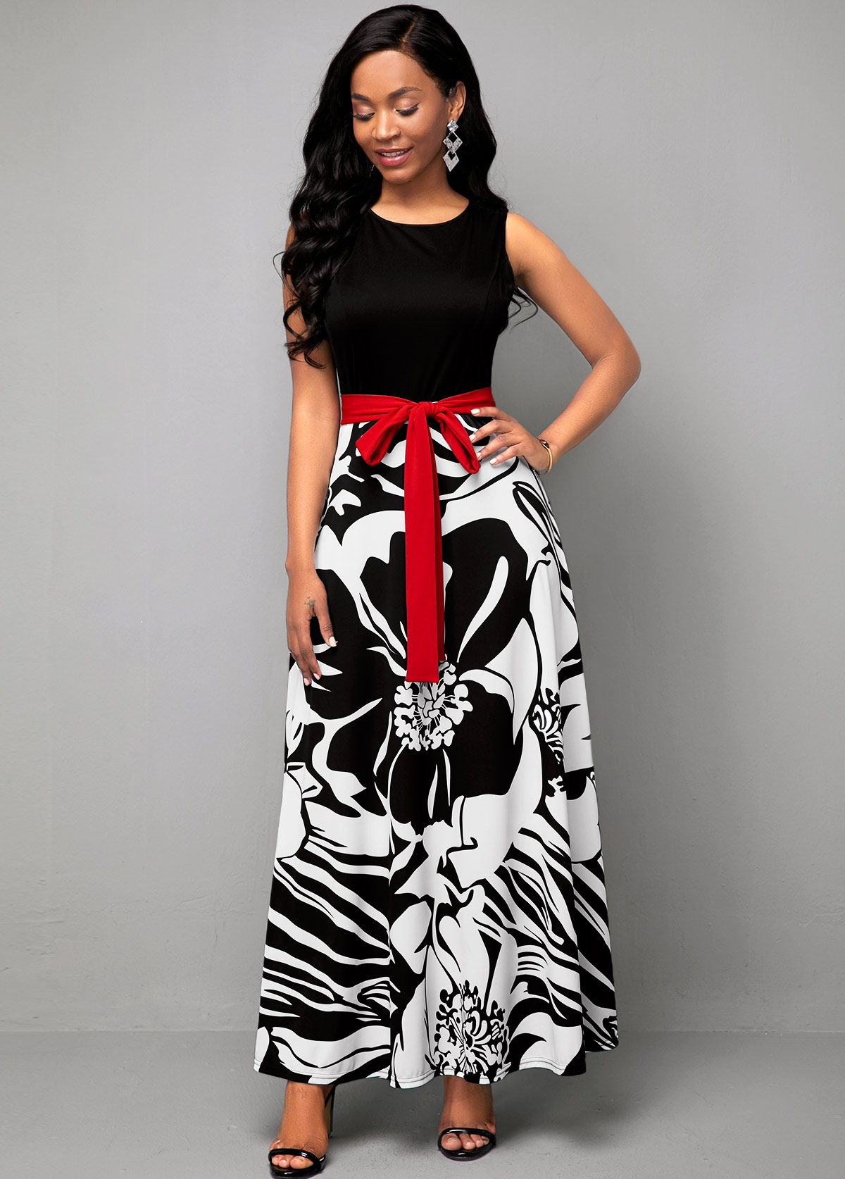 Belted Flower Print Round Neck Dress