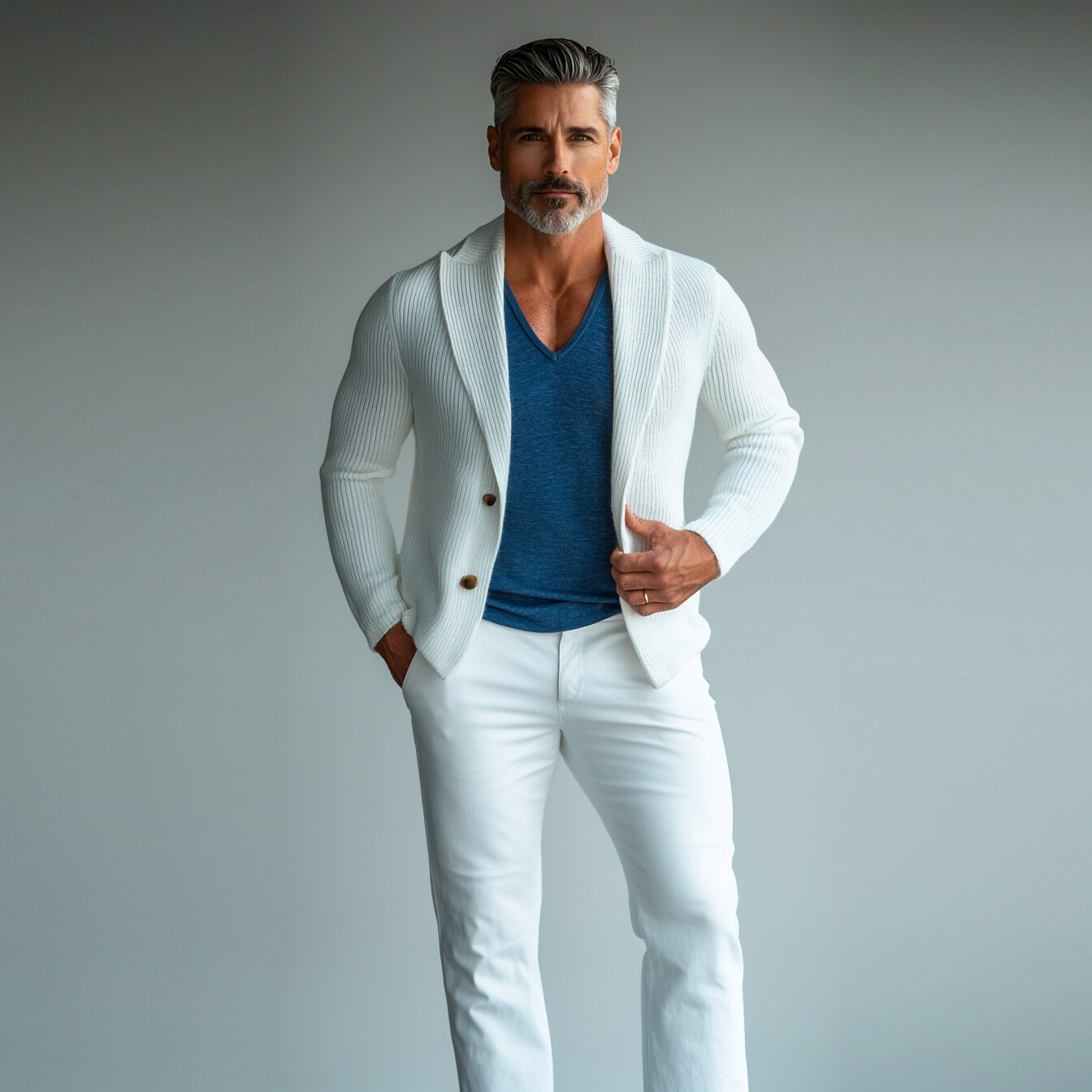 Men's Solid Knitted Peak Lapel Two Button Long Sleeve Jacket