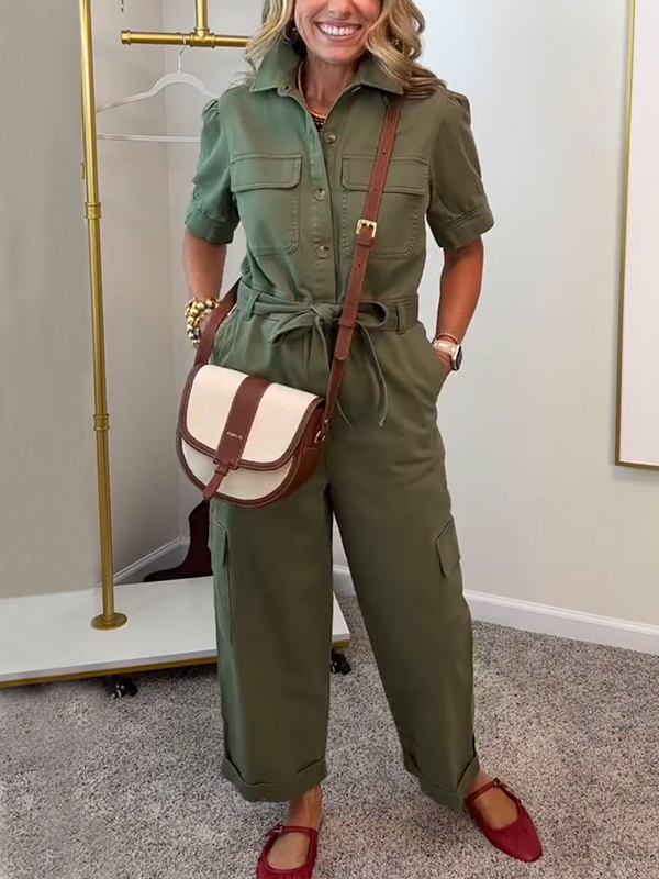 New🔥 Cotton Linen Lapel Workwear Jumpsuit