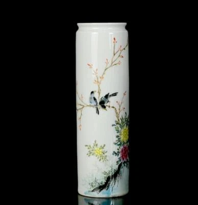 Pair Zhang Shibao Signed Old Chinese Famille Rose Incense Tube W/bird CK632