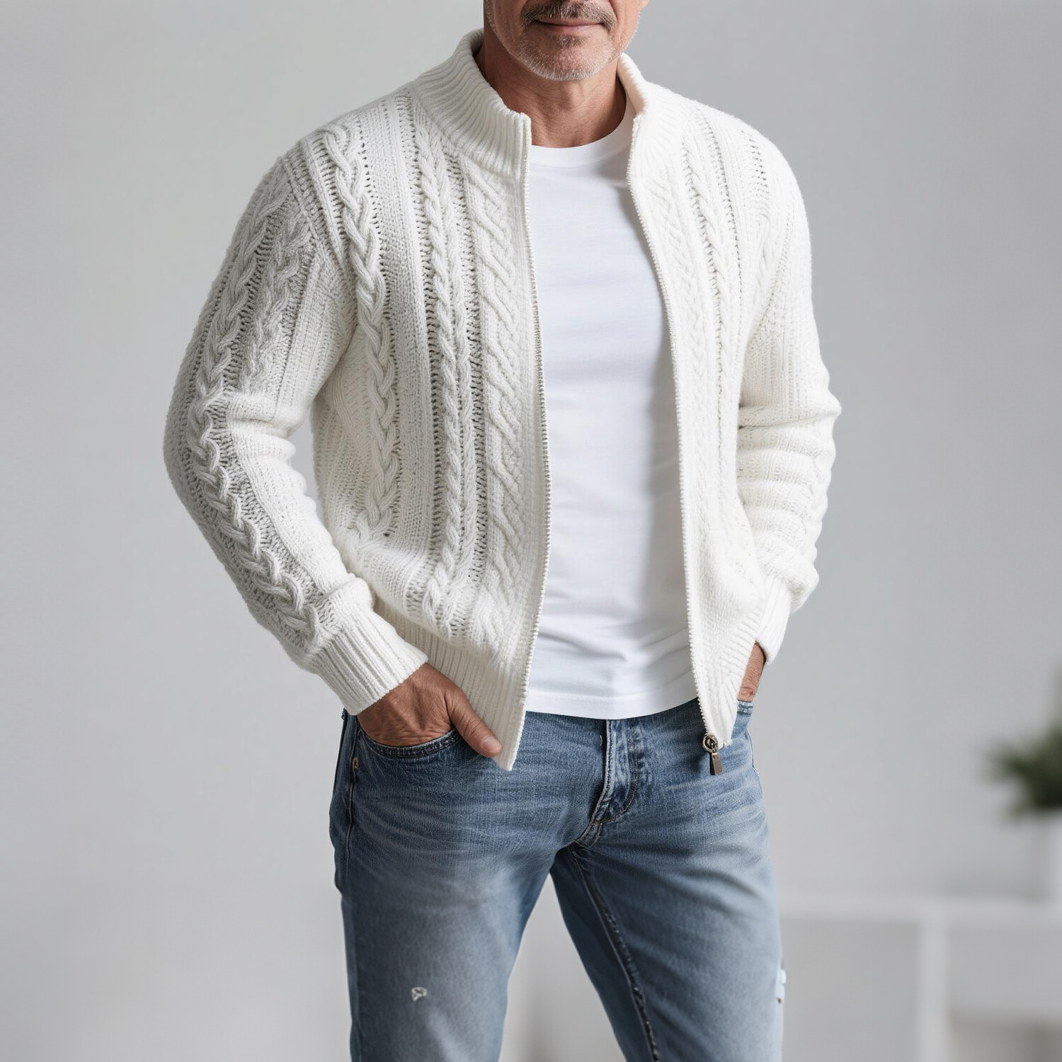 Men's Casual Stand Collar Cable Knit Zip Up Sweater Jacket