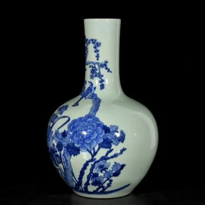 45CM Qianlong Signed Old Chinese Blue&White Vase W/bird N3461