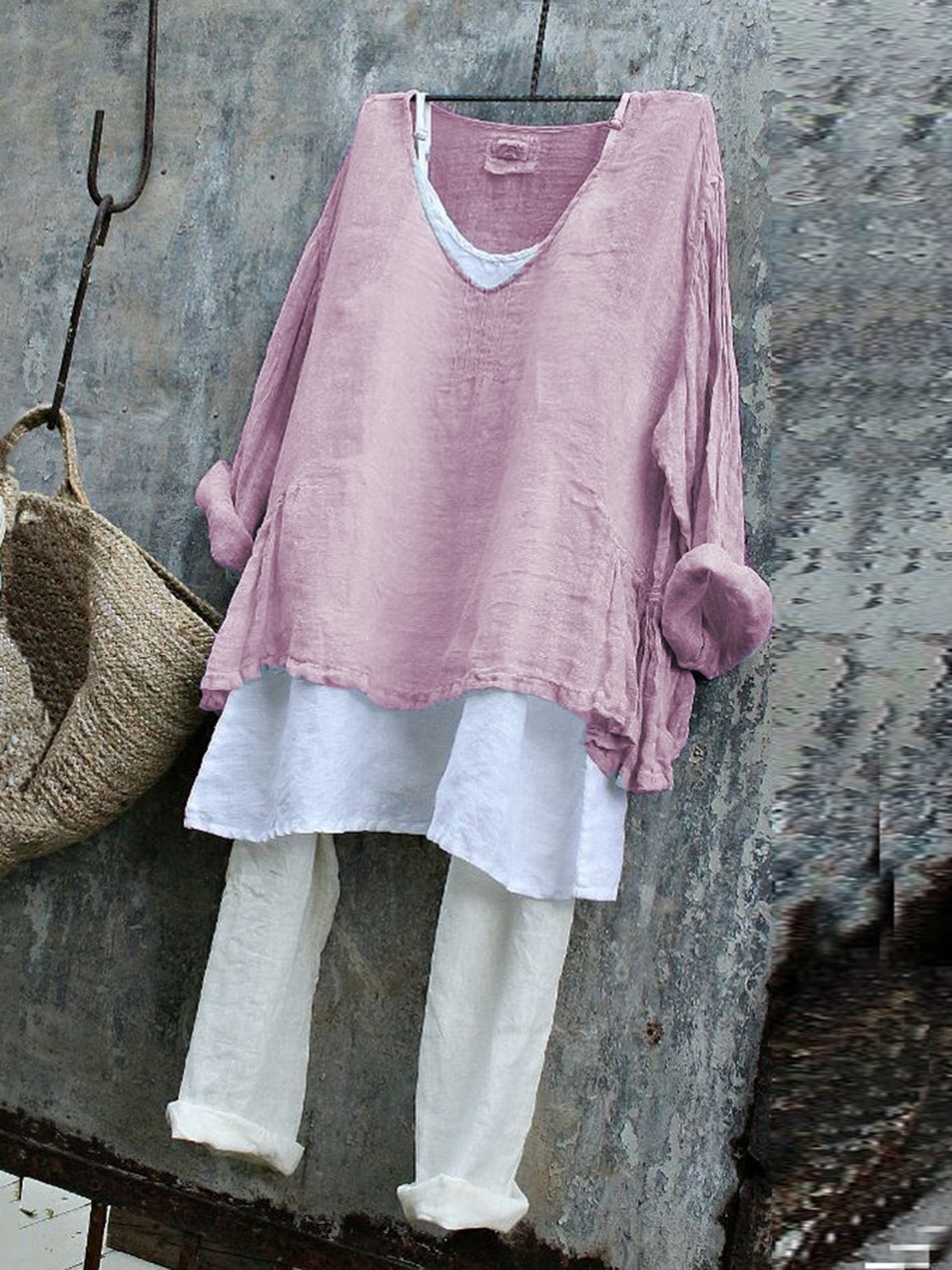 Casual Long Sleeve V Neck Plain Shirts & Tops