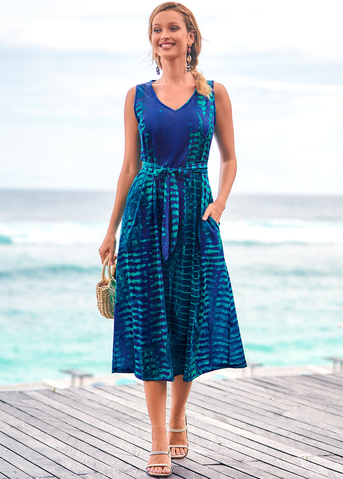 Tie Dye Print Sleeveless Belted Green Dress