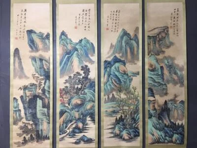 Four Yuan Songnian Chinese Hand Painted Calligraphy Scroll w/landscape N2055