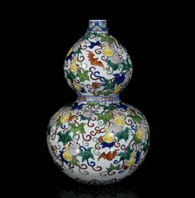 31CM Qianlong Signed Old Chinese Doucai Gourd Vase W/gourd N3728