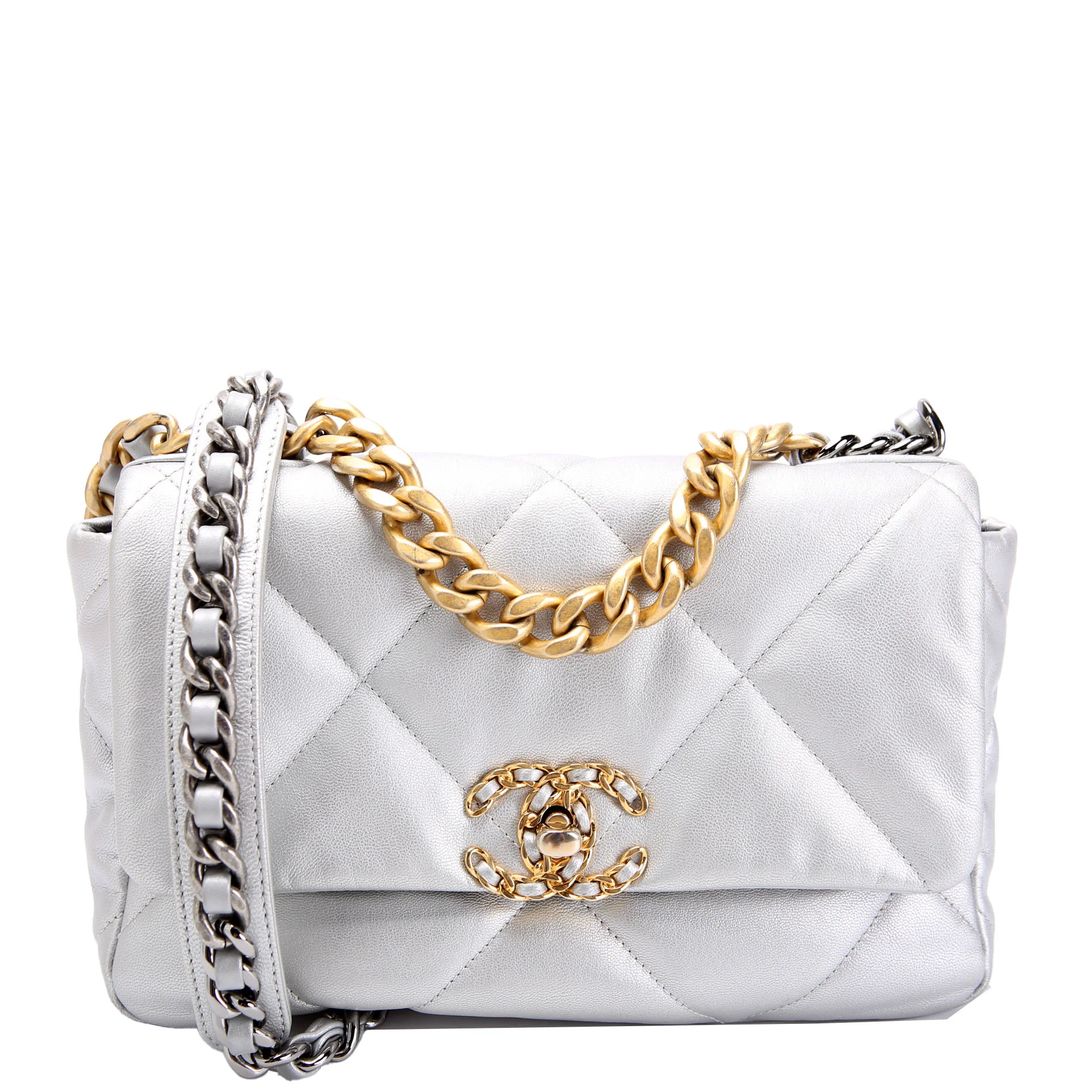 CHANEL Quilted Metallic Lambskin Chanel 19 Medium Flap Silver
