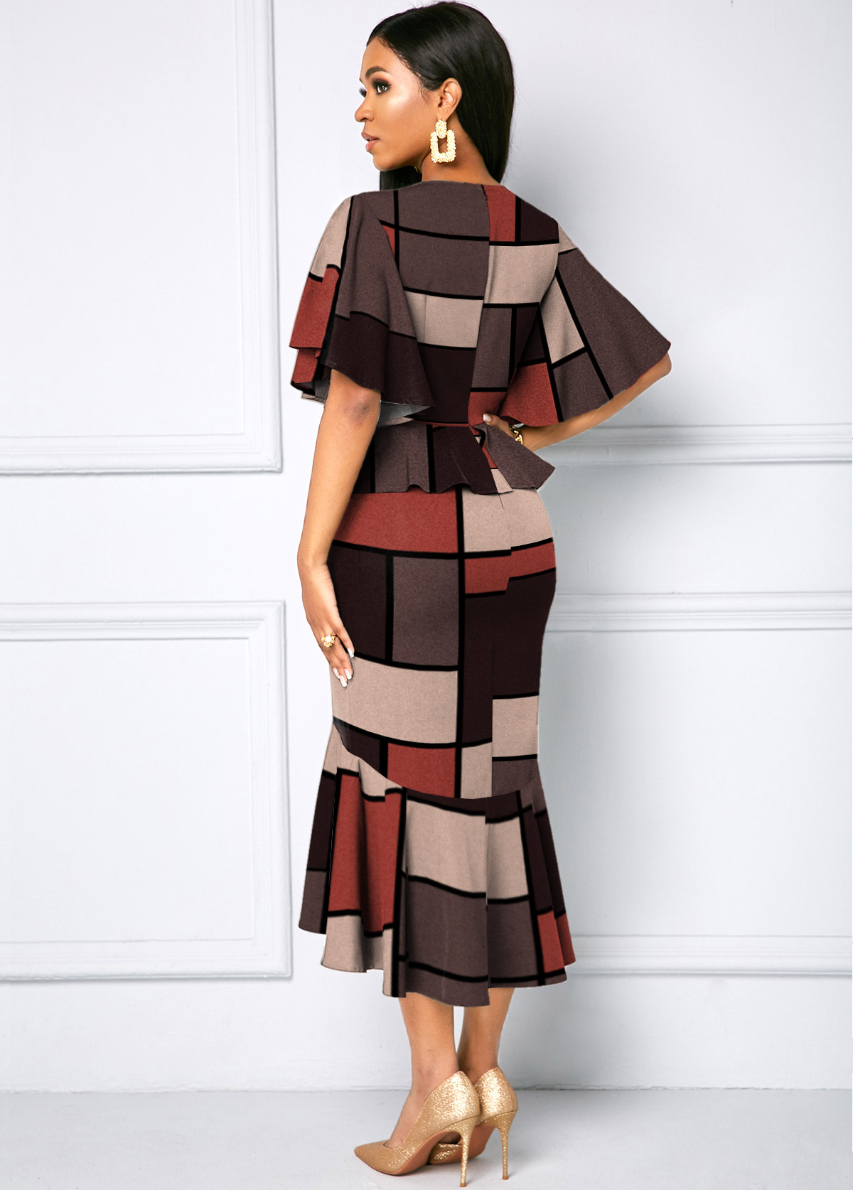Plaid Butterfly Sleeve Contrast Mermaid Dress