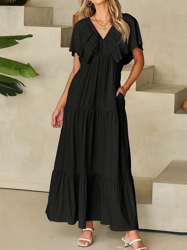 🌲🔥 Ruffled V Neck Flutter Sleeve Maxi Dress