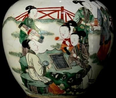 Kangxi Signed Old Chinese Wucai Lid Pot W/figure N1157