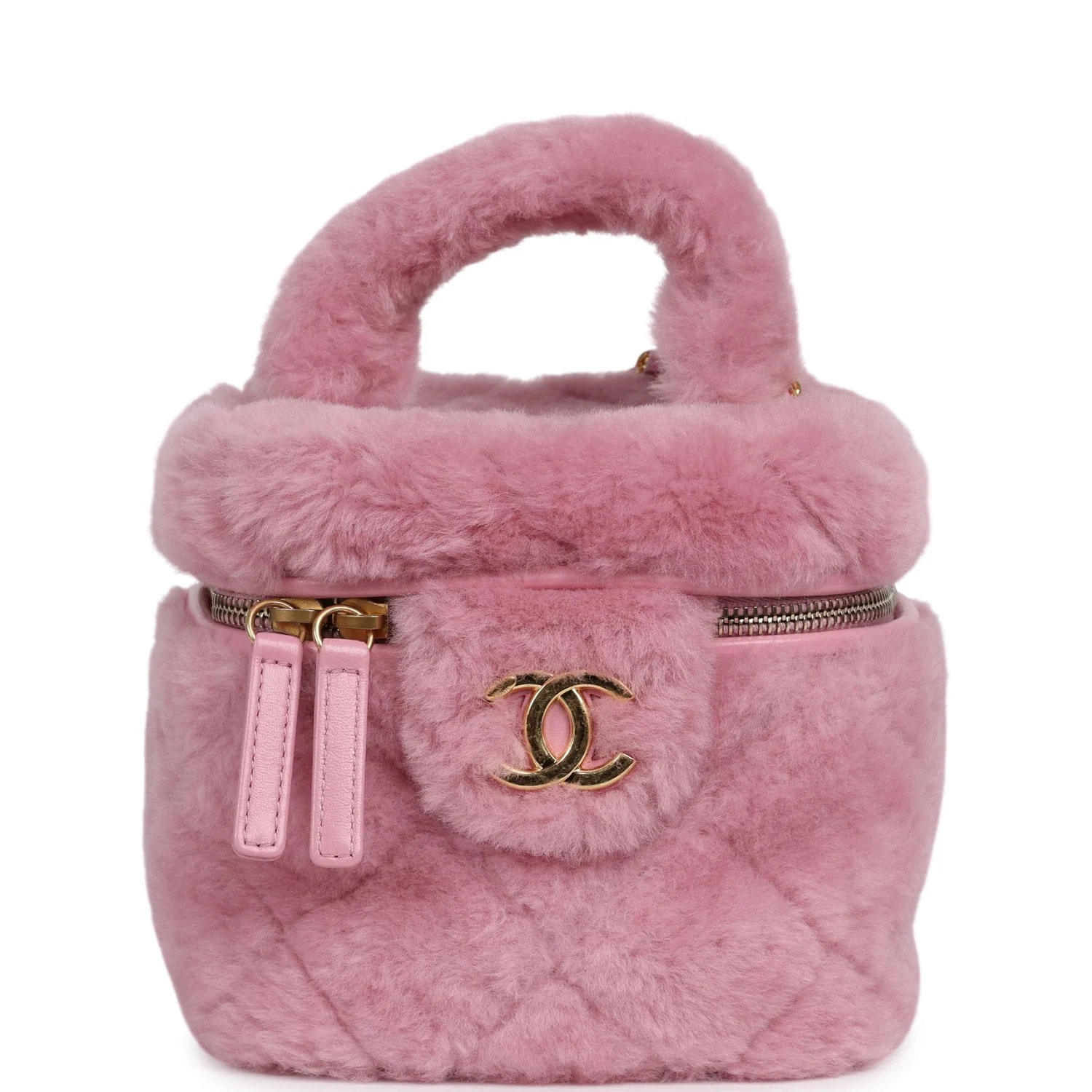 Chanel Small Top Handle Square Vanity Case With Chain Pink Shearling Lambskin Gold Hardware