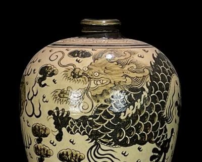 33CM Signed Old Chinese Jizhou Kiln Vase w/dragon N621