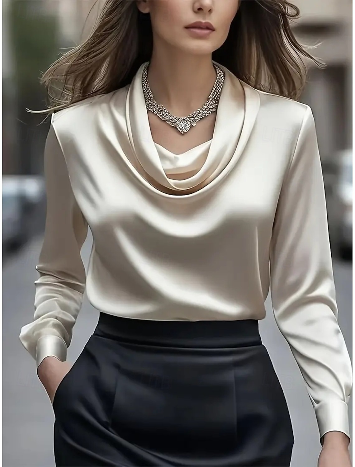 Women's Elegant Dressy Satin Blouse Plain Elegant Stylish Work Long Sleeve Cowl Neck Regular Tops Black White Apricot Fall