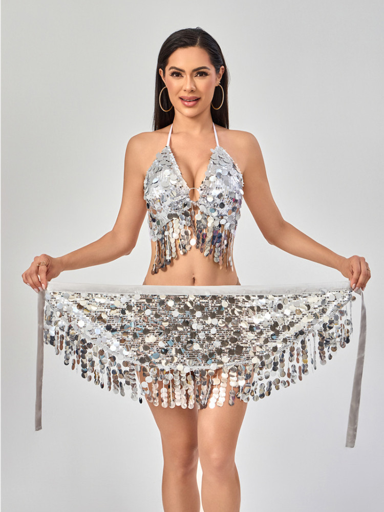 New Belly Dance Waist Chain Hip Scarf Amazon Sequin Tassel Suit Sexy Top Stage Performance Sequin Suit