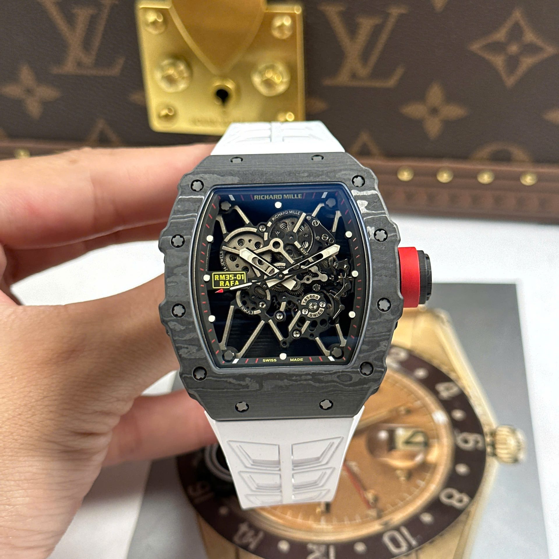 【7A Quality】Swiss Replica Richard Mille RM35-01 – Carbon Fiber Case & White Rubber Strap