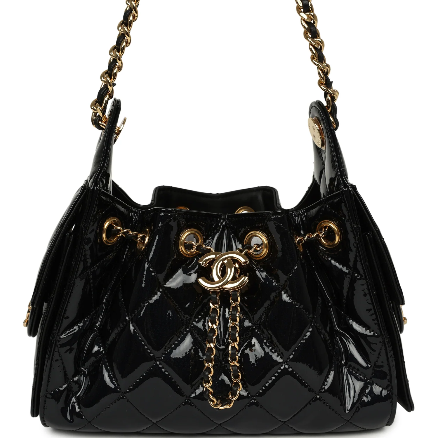 CHANEL Mini 25 Hobo Bag Black Patent Lambskin Gold Hardware