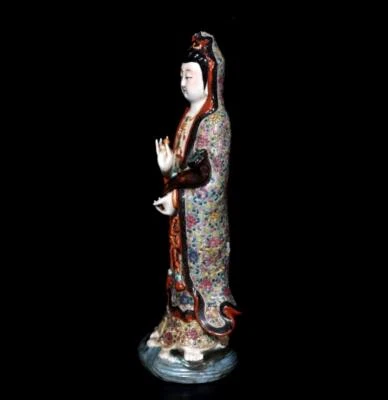 31CM Zeng Longsheng Signed Old Chinese Famille Rose Statue W/Guanyin Buddha N445