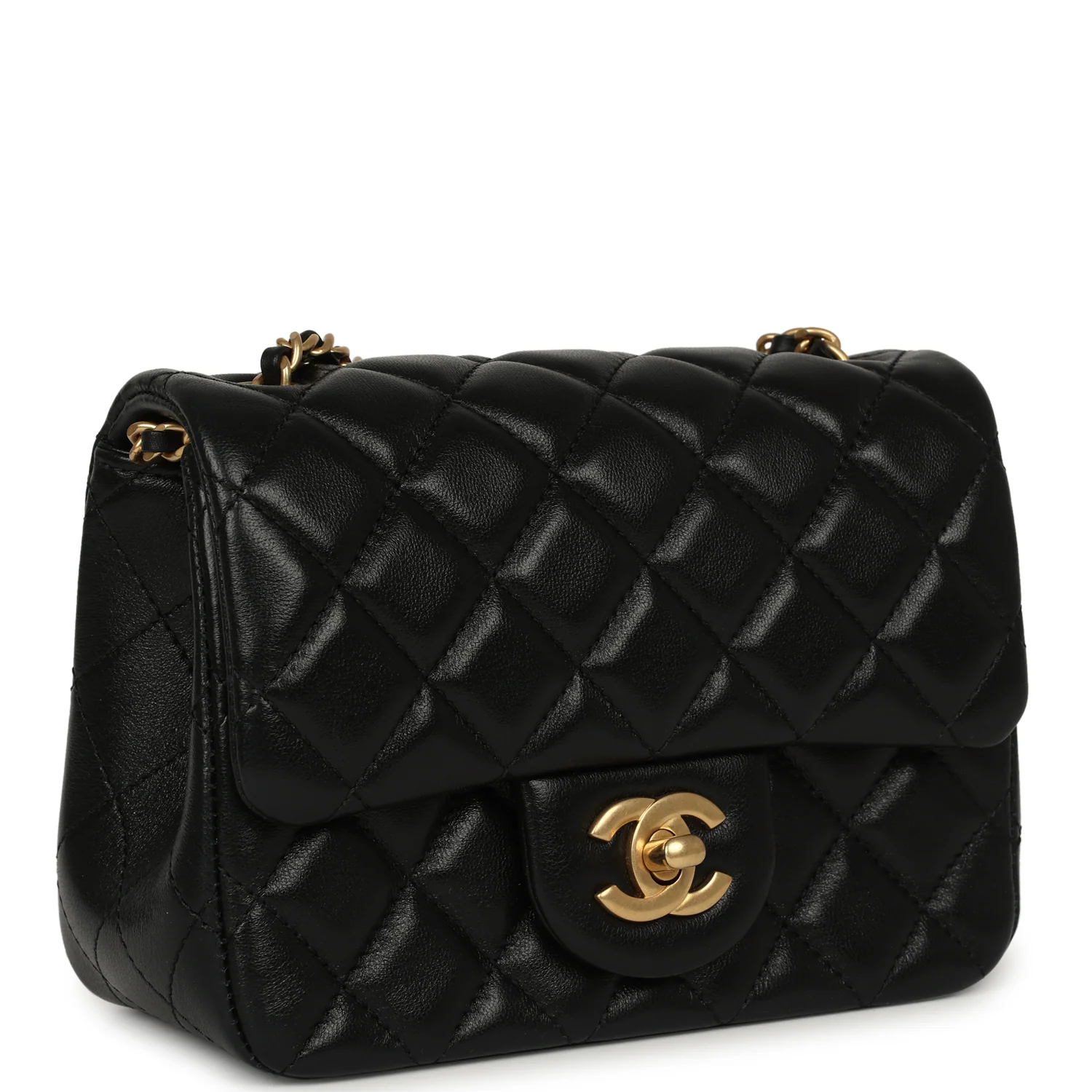 CHANEL Mini Square Pearl Crush Flap Bag Black Lambskin Antique Gold Hardware