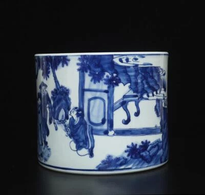 Kangxi Signed Antique Chinese Blue & White Porcelain Brush Pot w/figures