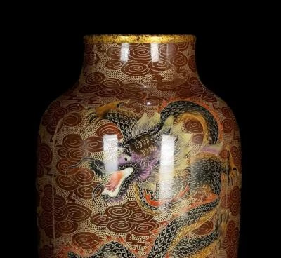 31CM Qianlong Signed Old Chinese Colour Enamel Gilding Vase W/dragon N756