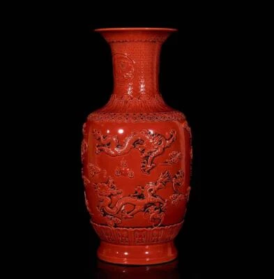 38CM Qianlong Signed Old Chinese Red Glaze Vase W/dragon N3727